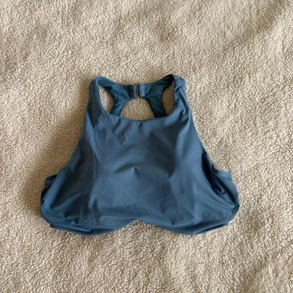 Athleta Blue High Neck Underwire Bikini Top 36D/DD Racerback Cutout Ruched